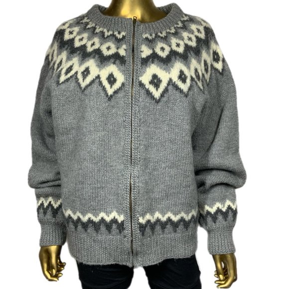 Vintage Wool LL Bean Fair Isle Sweater Zip Cardigan Grunge Holes Chunky Heavy XL - Picture 1 of 14